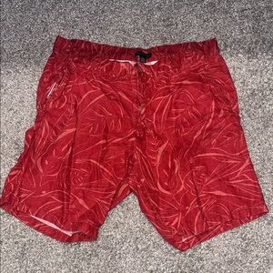 Red Leaf Pattern Men's Swim Shorts 100% Linen